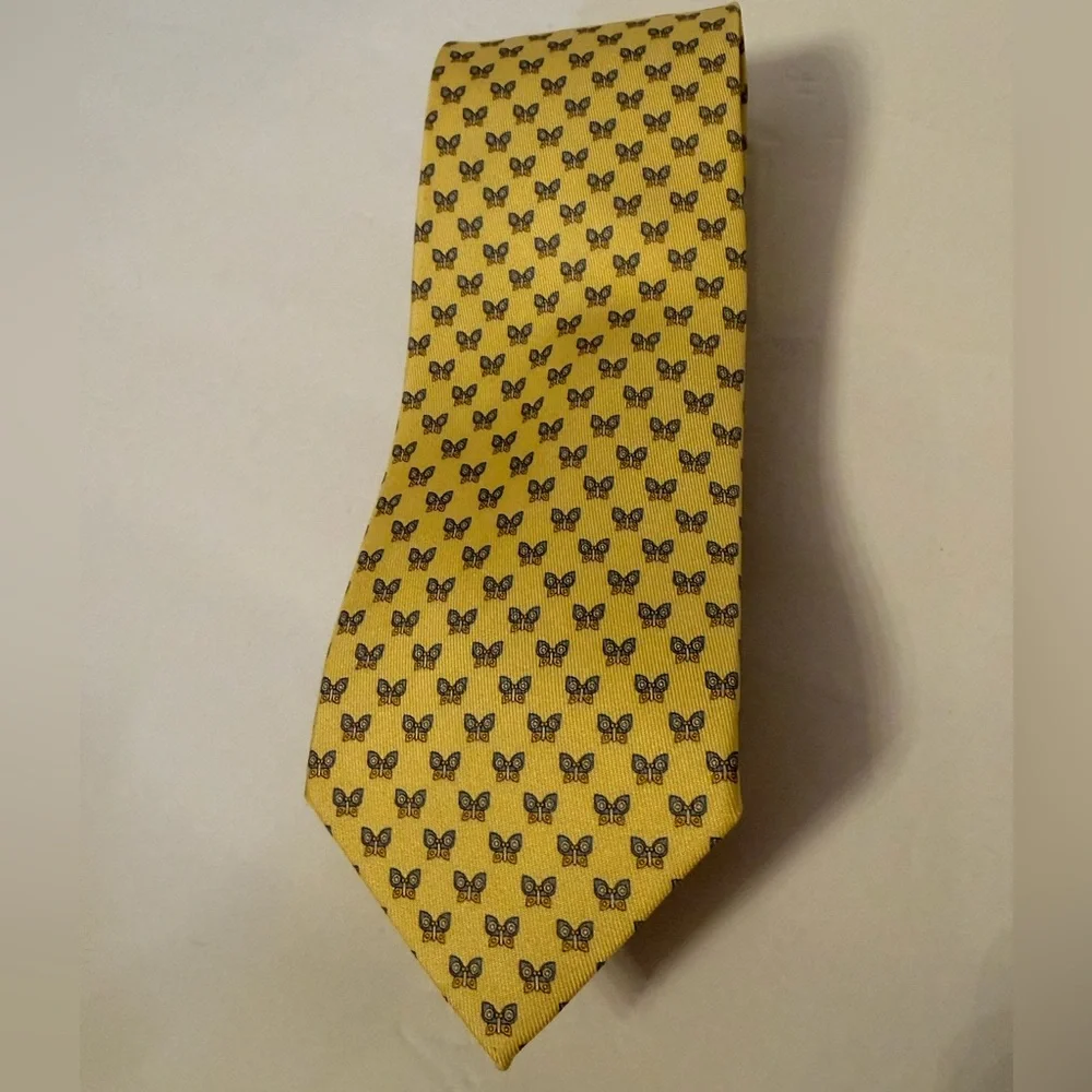SALVATORE FERRAGAMO Italy Silk Tie Yellow with blue & brown butterflies